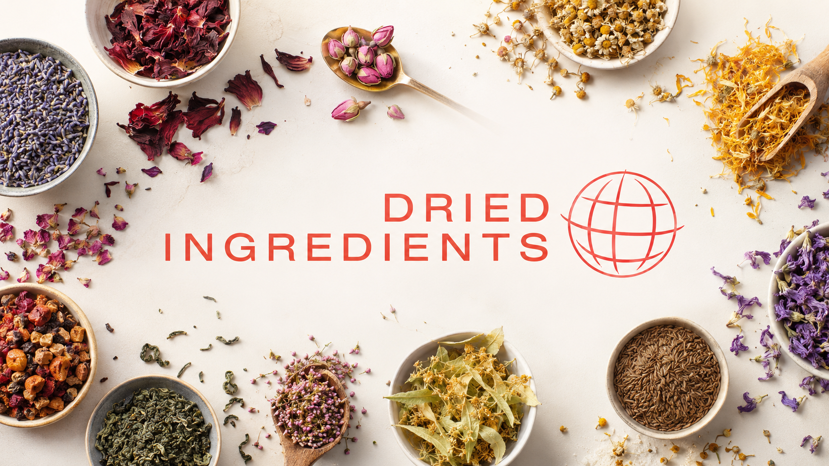 Dried Ingredients – Kräuter, Blüten, Früchte und Tee rund um das Firmenlogo